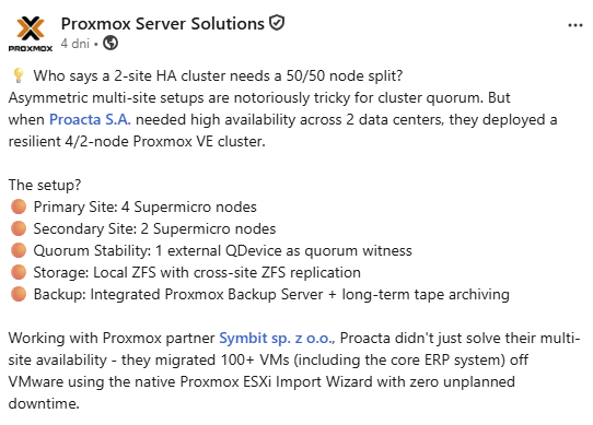 Oficjalne ogłoszenie Proxmox Server Solutions na LinkedIn z wyróżnieniem dla Symbit